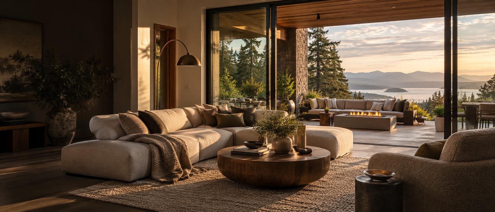 Warm natural textures connect an indoor lounge with an open-air gathering space